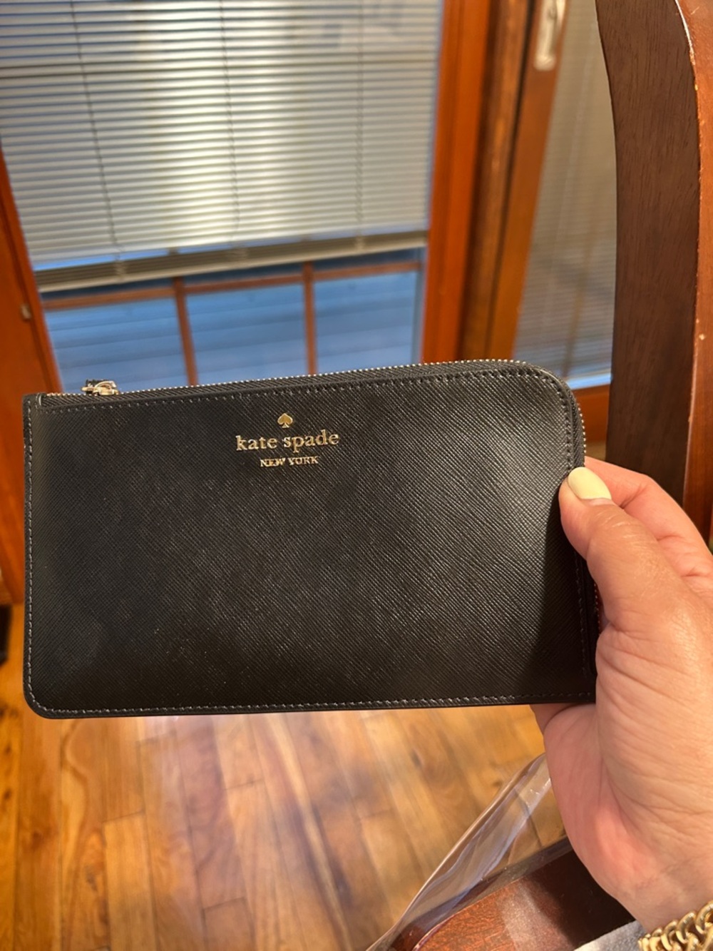 kate spade Black Saffiano Zip Wallet with Gold Logo